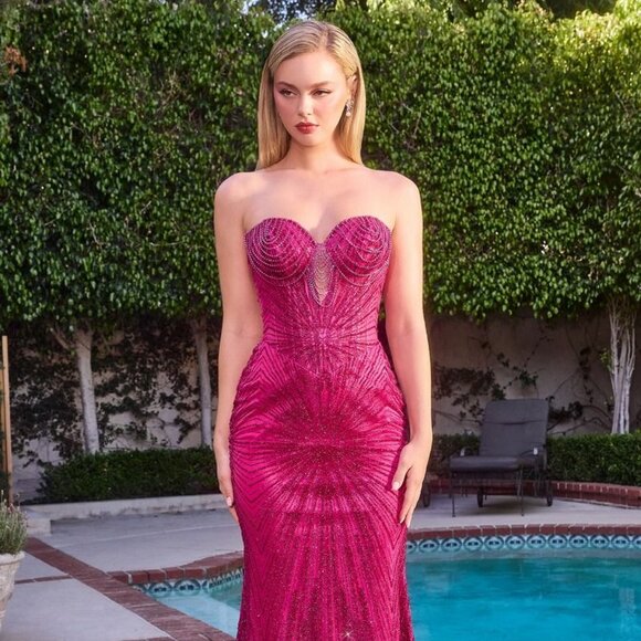 New Strapless Sophisticated Long Sheath Gown w/ Lace Up Back & Beads CD J871 - Picture 1 of 10